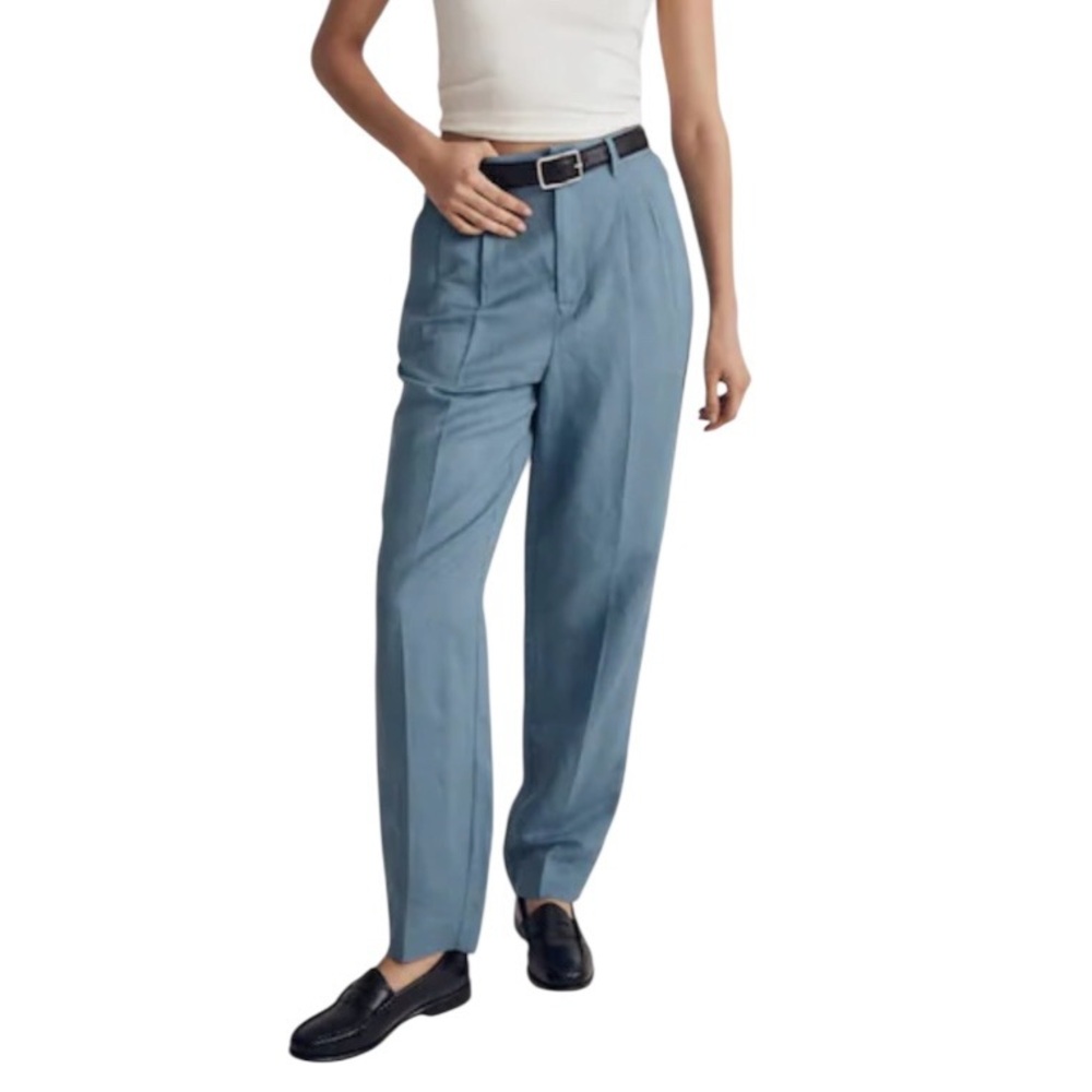 Madewell Tailored Tapered Pants Trousers Linen Blend Ocean Blue Pockets Pleats